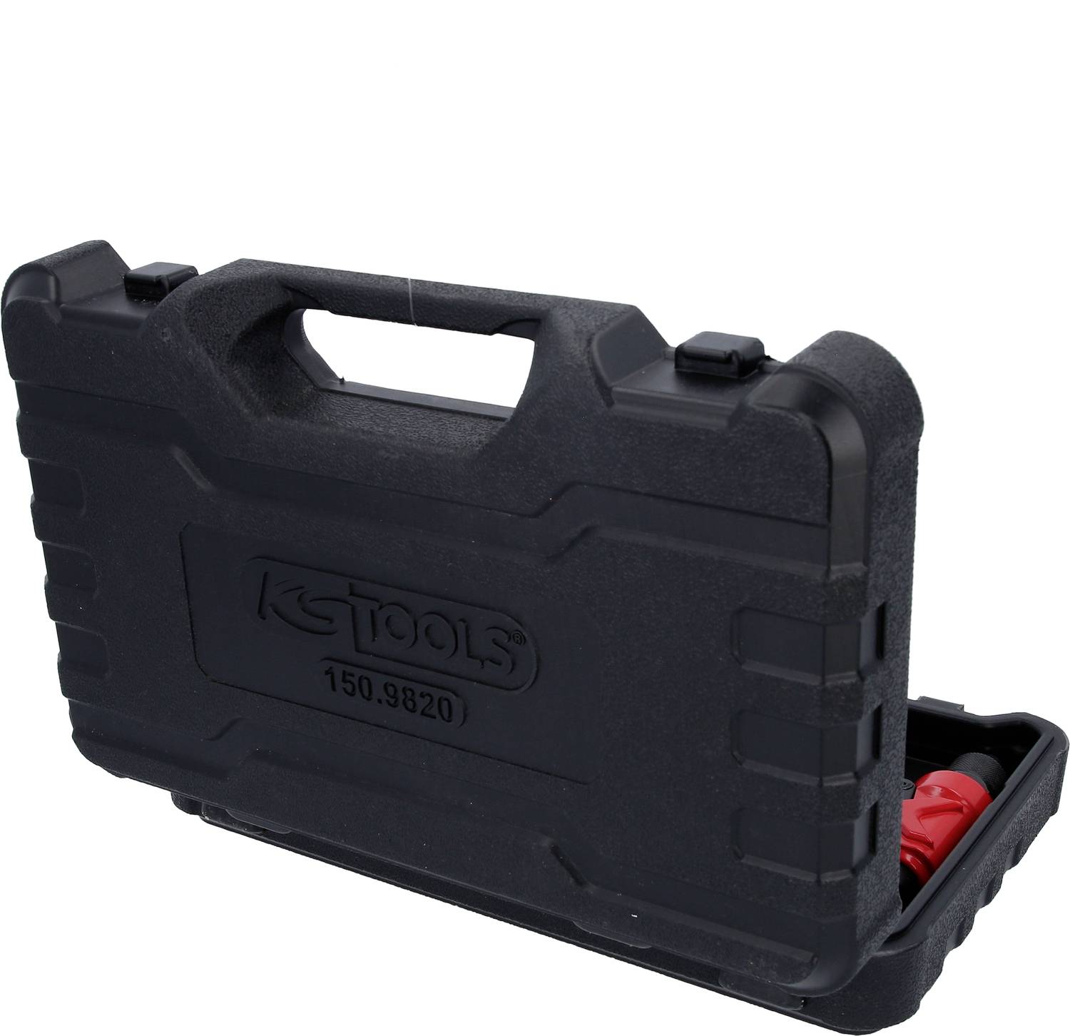 'Fekete szerszámosláda KS Tools 150.9820 felirattal az oldalán, részben felnyitva, piros szerszámok láthatók benne.'