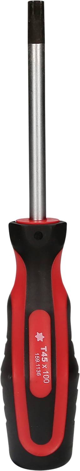 Piros és fekete nyéllel rendelkező csavarhúzó, Torx-fejjel, egyenes tekintettel. Kompatibilis profilú rögzítésekhez alkalmas.