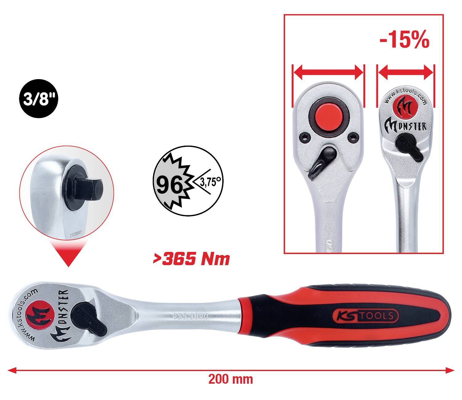 Egy piros és fekete markolatú racsni, 3/8 hüvelyk méretű, maximum 365 Nm nyomatékkal, 200 mm hosszúságú. -15%-os kedvezmény feltüntetve.