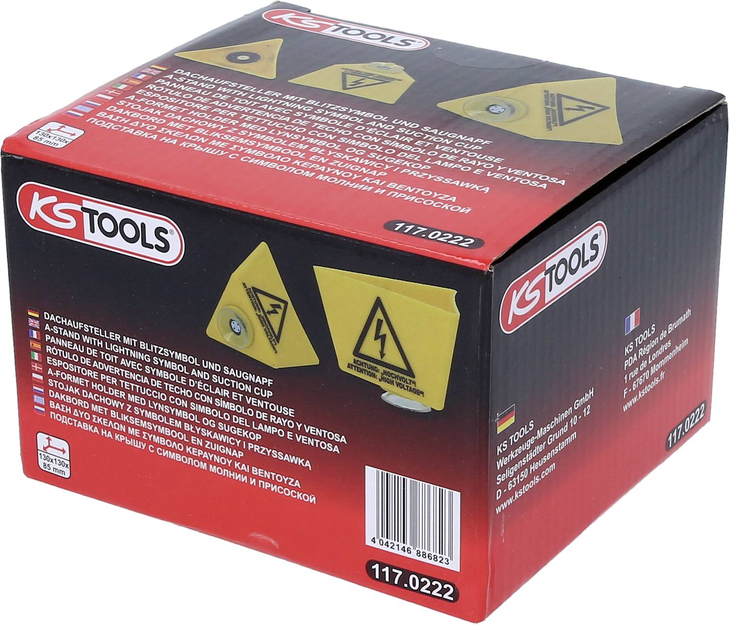 Egy piros 'KS Tools' csomag, amelyen egy padlótisztító készülék képe látható. Áramütés veszélyére figyelmeztető szimbólum. Termékkód: 117.0222.