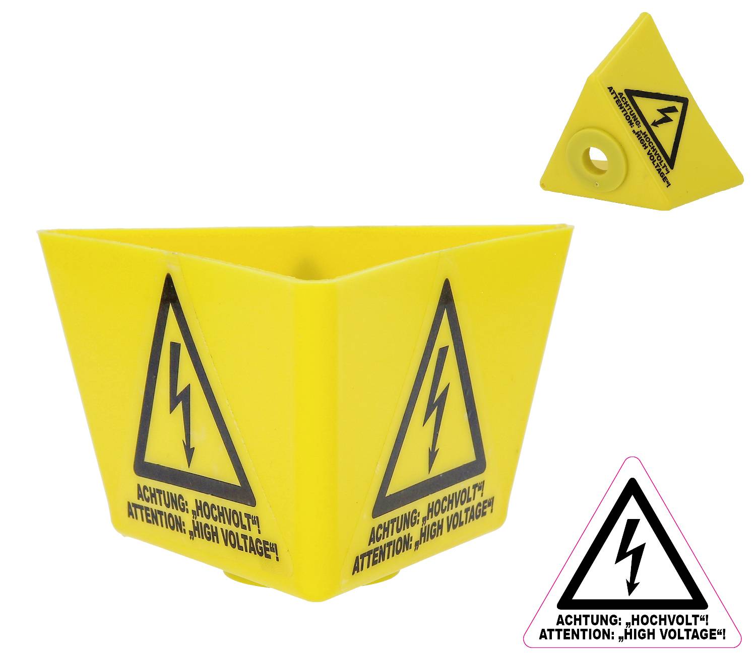 Sárga, háromszög alakú figyelmeztető tábla villám szimbólummal és a "Figyelem, nagyfeszültség! Attention: High Voltage!" felirattal.