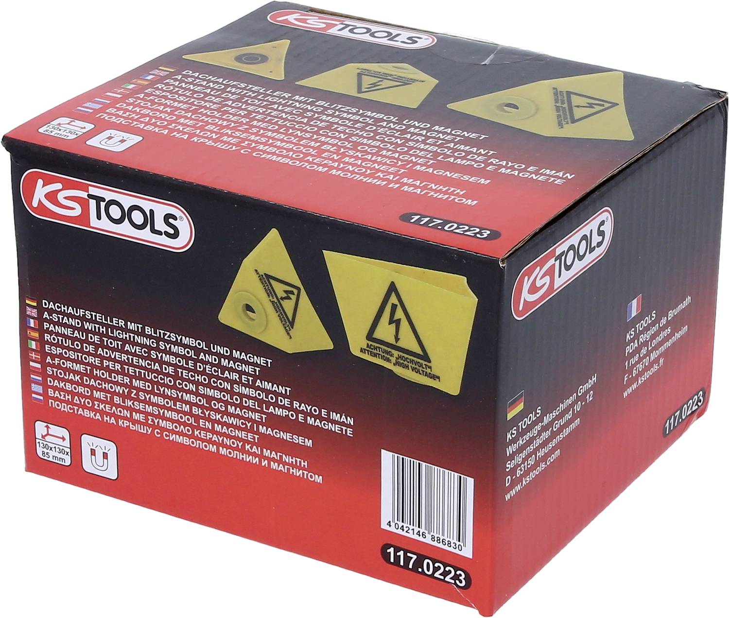 Egy KS Tools fekete csomagolása, amelyen a '117.0223' modellszám szerepel, egy termékkép és biztonsági figyelmeztetések láthatók az oldalán.