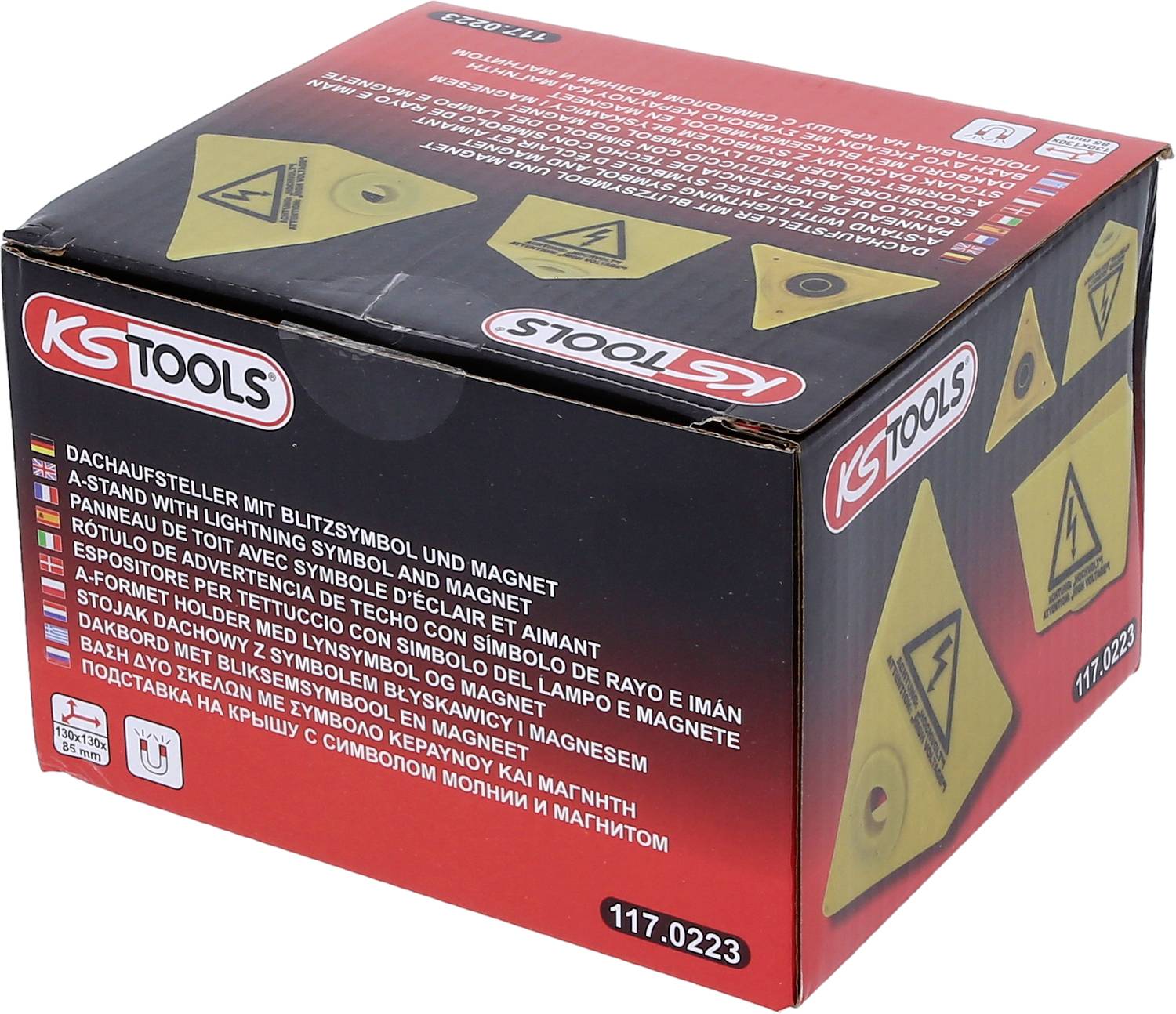 Egy KS Tools doboz egy termékképpel és többnyelvű leírással egy villámmotívumos, mágneses tetőre szerelhető kijelzőről.