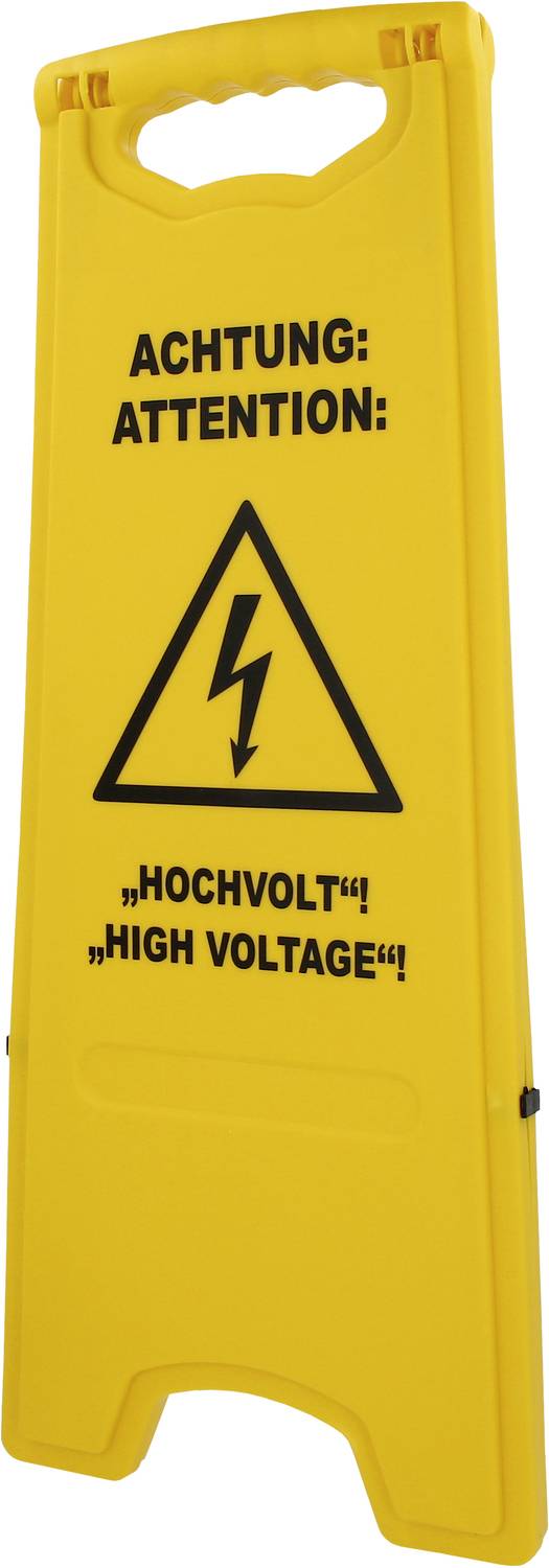 Sárga figyelmeztető tábla fekete villámszimbólummal. Felirat: 'Figyelem: Nagyfeszültség!' és 'Attention: High Voltage!'.