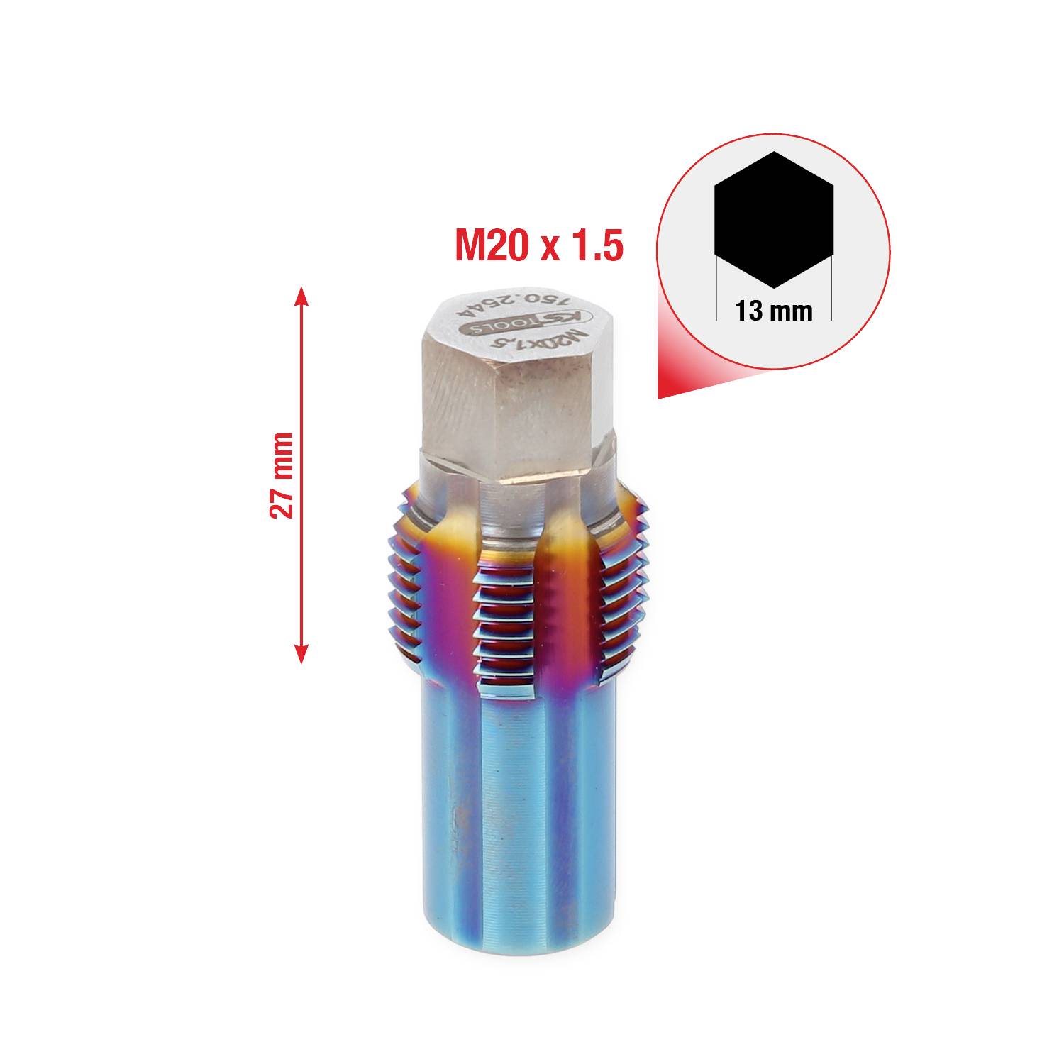 M20 x 1,5 menetfúró, 27 mm hosszú, 13 mm kulcsnyílással, színes bevonattal és hatszögű hegyekkel.