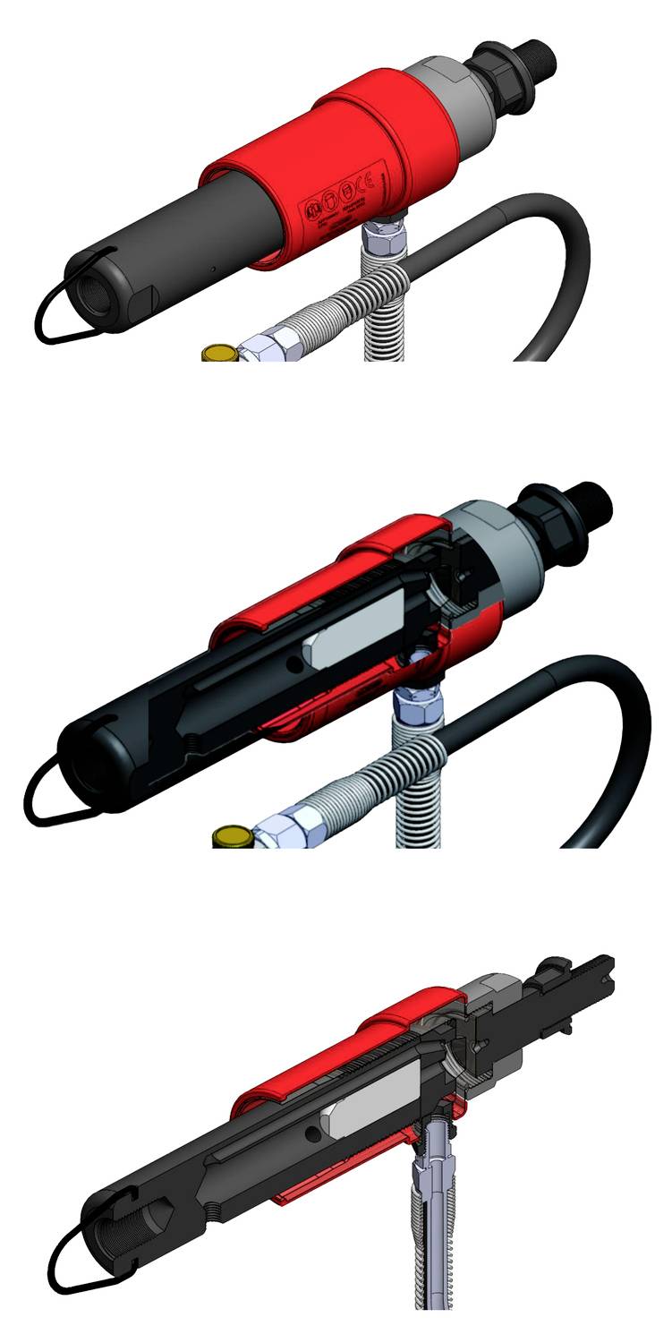 Három ábrázolás egy mechanikus szerszámról különböző nézőpontokból. A szerszám piros és egy csővel van összekötve.