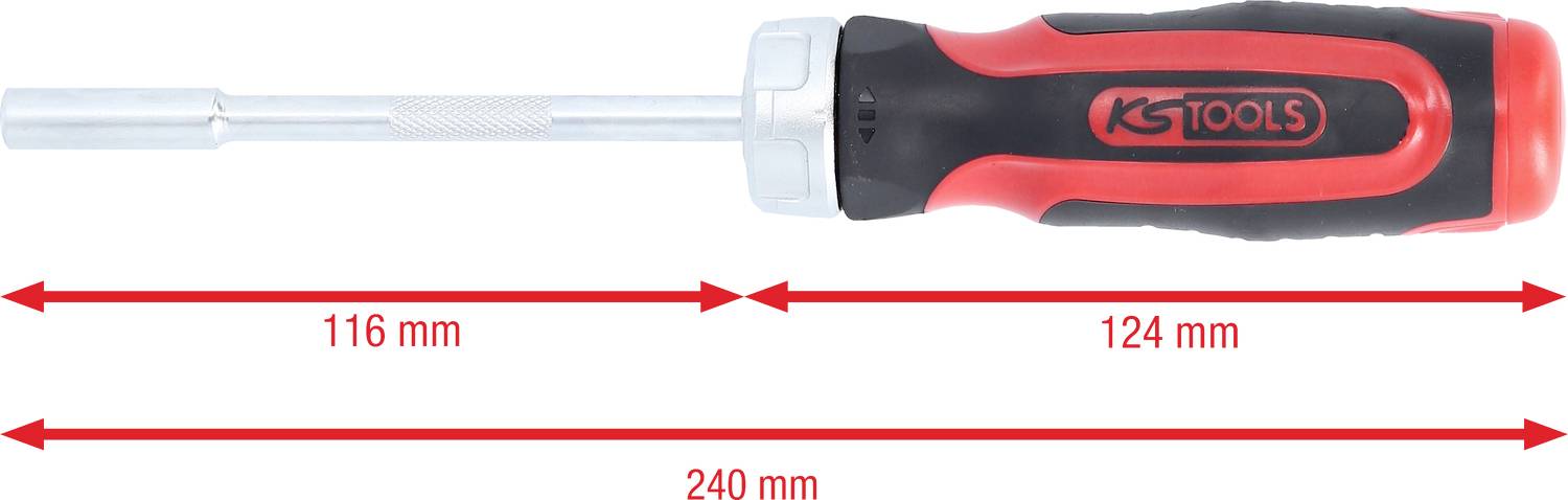 Szigetelt nyélű Phillips-csavarhúzó, teljes hossz 240 mm, szár 116 mm, nyél 124 mm, márka 'KS Tools'.