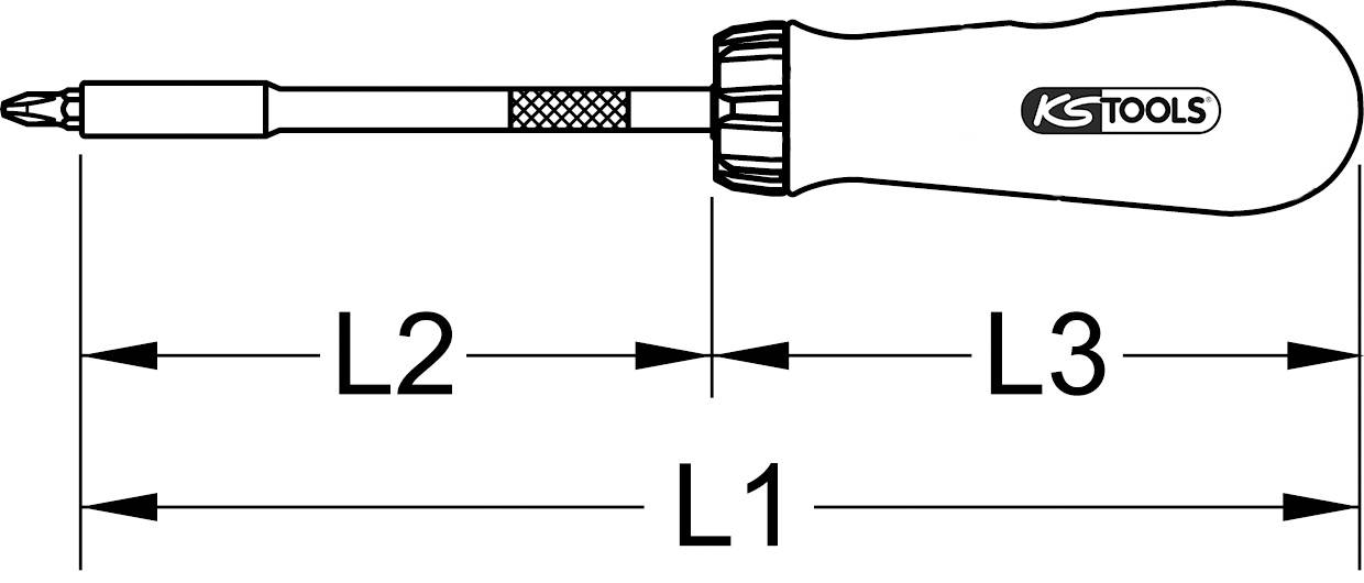 'Csavarhúzó rajza méretekkel: L1, L2, L3. A markolat jobb oldalán a KS Tools logó látható.'