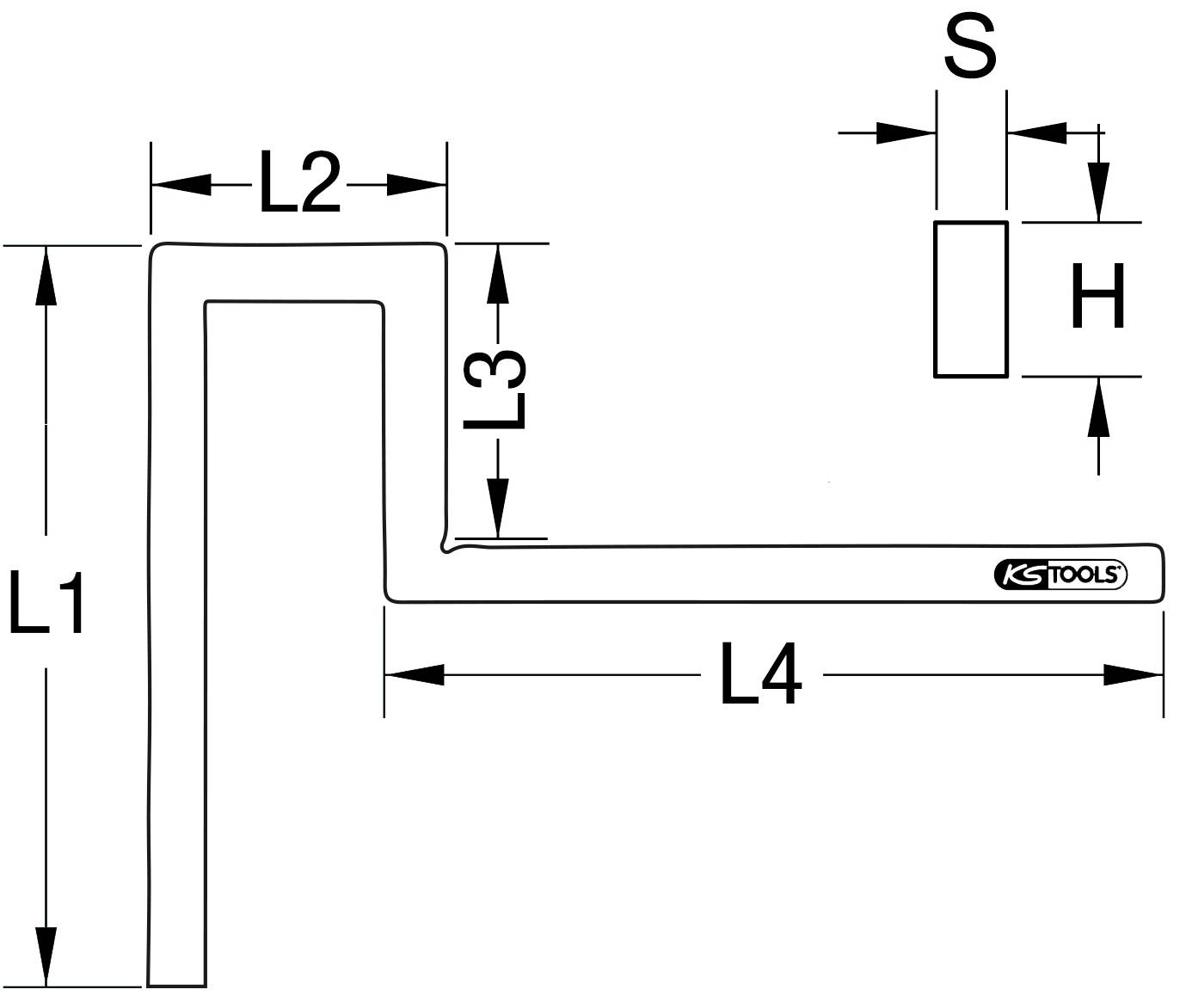 Egy hajlított villáskulcs műszaki rajza, amelyen feltüntetésre kerülnek az L1, L2, L3, L4, S és H méretek, valamint a KS Tools logó.