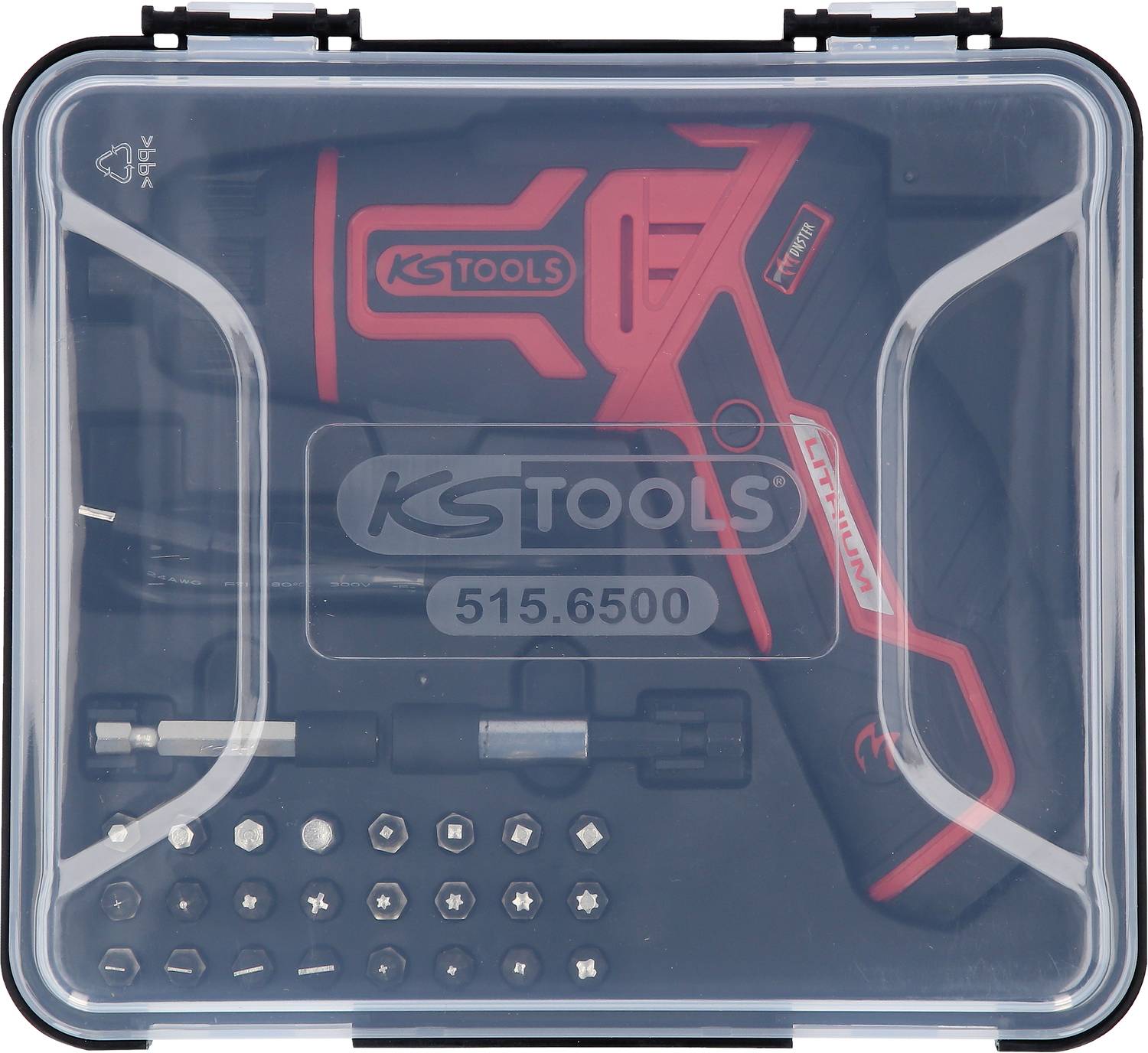 KS Tools akkumulátoros csavarozó szett átlátszó dobozban, benne egy akkumulátoros csavarozó, bitek és tartozékok.