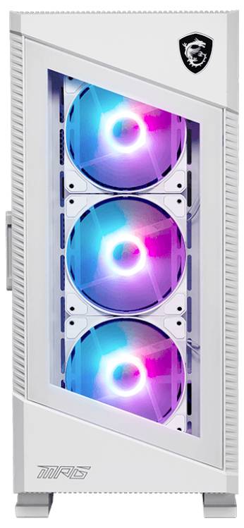 Egy fehér számítógépház három kék és rózsaszín fénnyel megvilágított ventilátorral az elején. Bal felső sarkában egy logó nélküli tábla.