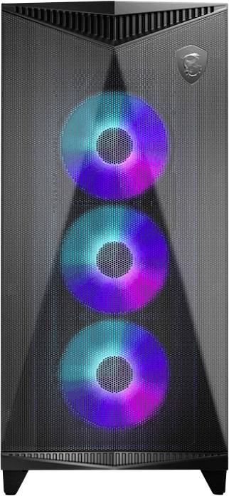 Fekete számítógépház három világító RGB-ventilátorral az elején.