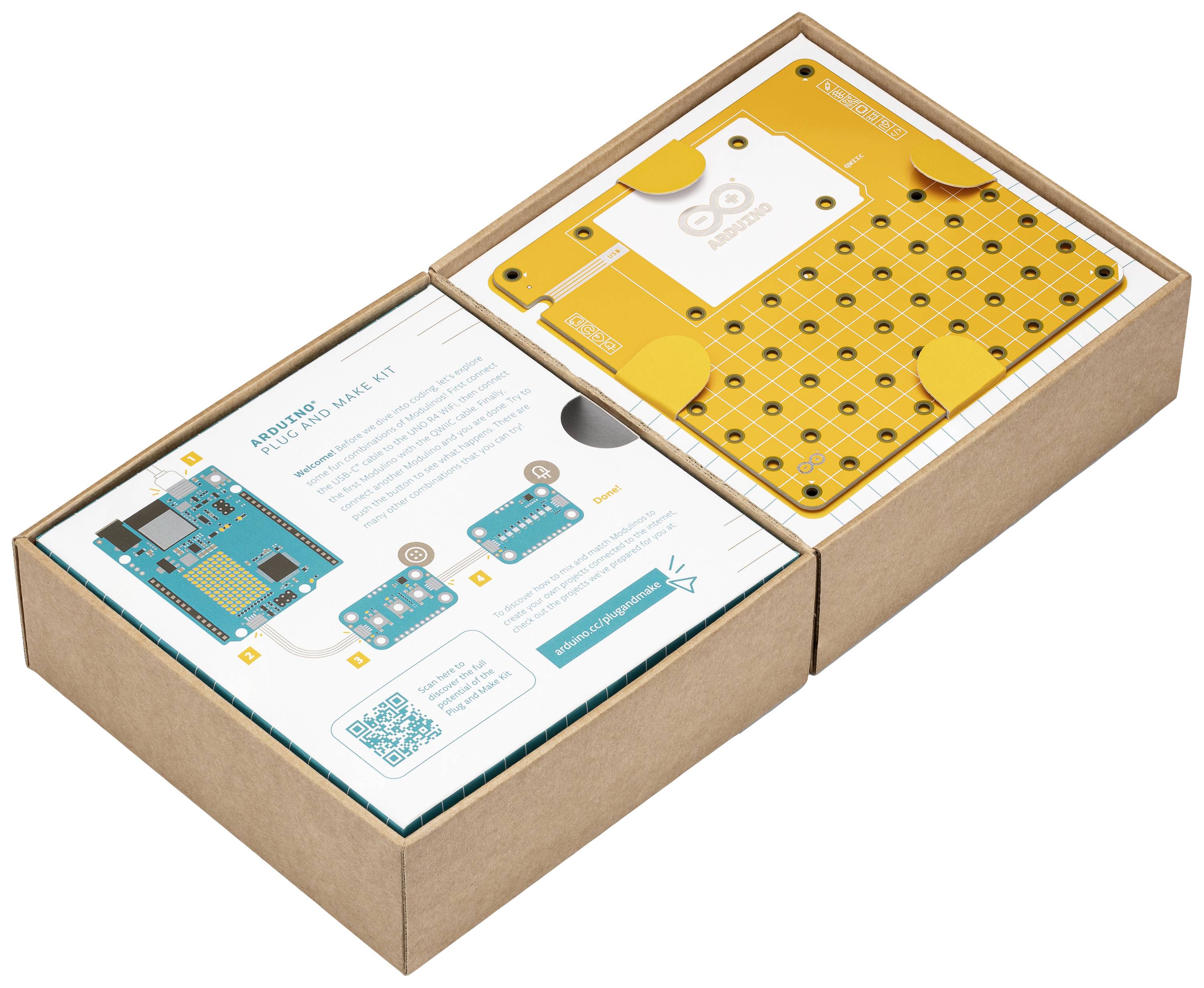 Elektronikai készlet nyitott dobozban, sárga próbapanellel és képes szerelési útmutatóval.