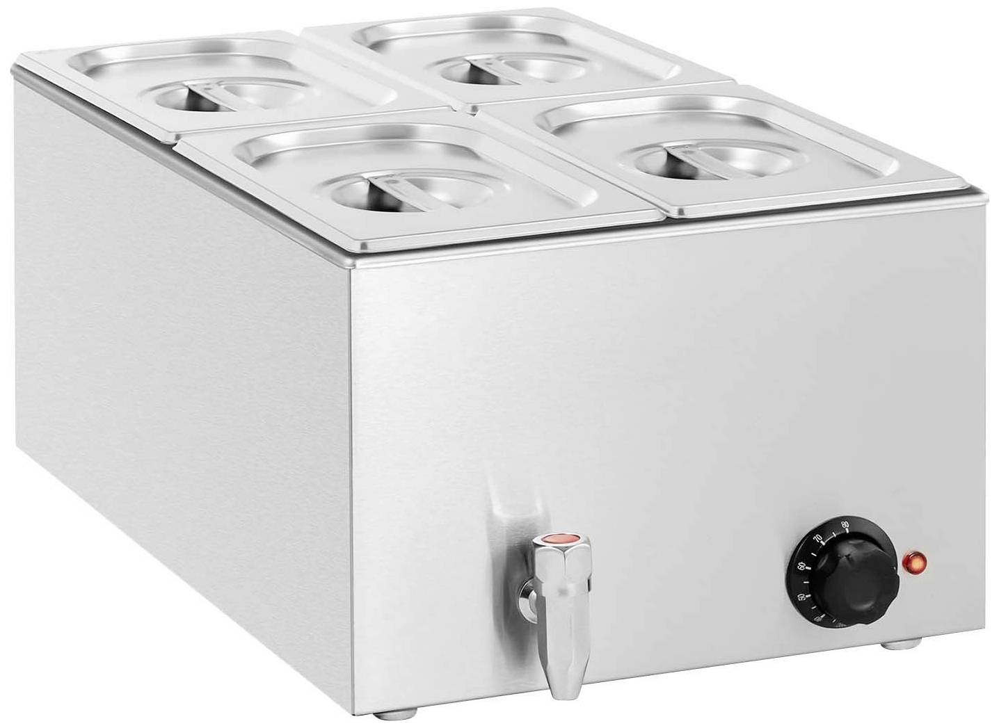 Hat GN-edénnyel és csappal ellátott rozsdamentes acél bain-marie, oldalsó hőmérséklet-szabályzóval. Ideális büfékhez vagy ipari konyhákhoz.