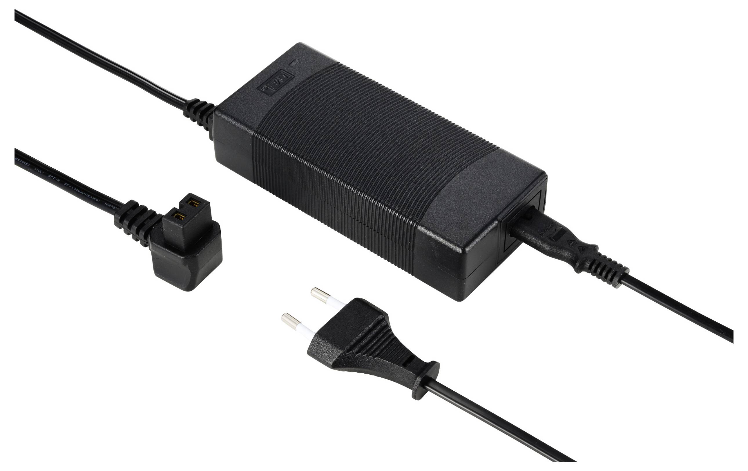 Fekete hálózati adapter kábellel és csatlakozóval, kétpólusú dugasz, kompatibilis különböző elektronikai eszközökkel.