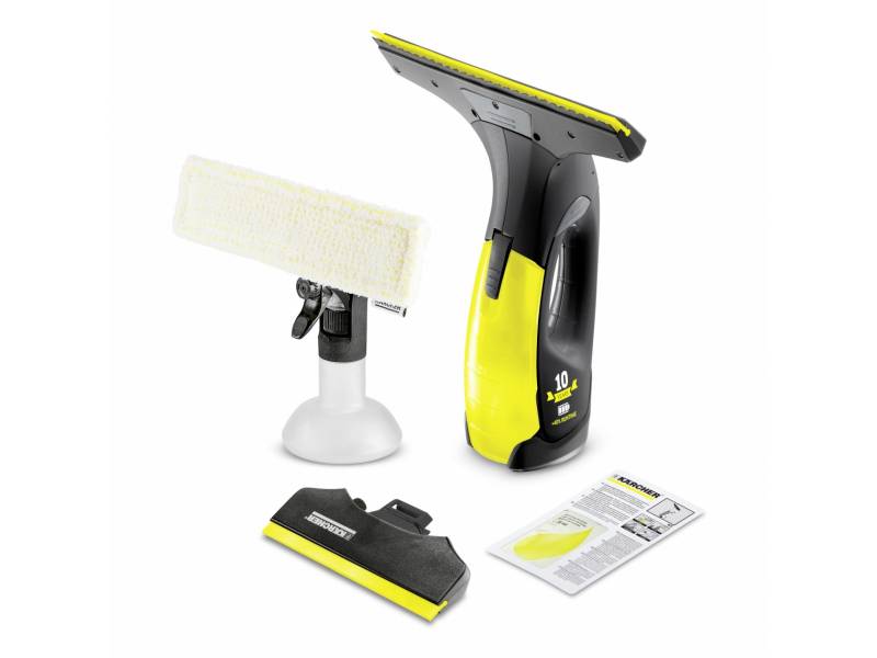 Ablaklemosó szett, amely egy sárga és egy fekete ablaklemosóból, egy spray flakonból törlőkendővel és tartozékokkal. Tökéletes ablaktisztításhoz.