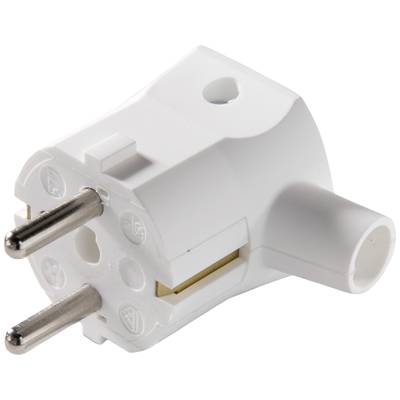 Egy fehér, európai elosztó adapter két fémcsatlakozóval, amely elektromos eszközök csatlakoztatására alkalmas.