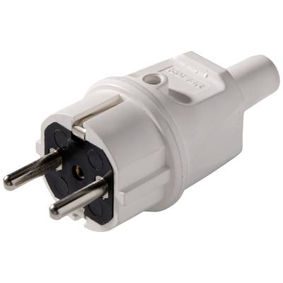 Egy fehér európai hálózati csatlakozó közelképe két kerek érintkezővel és földeléssel. Elektronikai csatlakozásokhoz használatos.