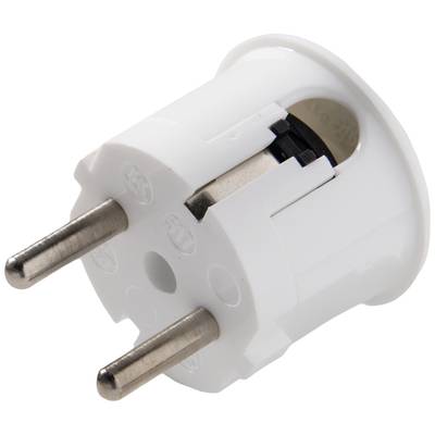 Egy fehér, két fém érintkezővel rendelkező eurós dugvilla adapter elektromos készülékek csatlakoztatásához európai fali aljzatokba.