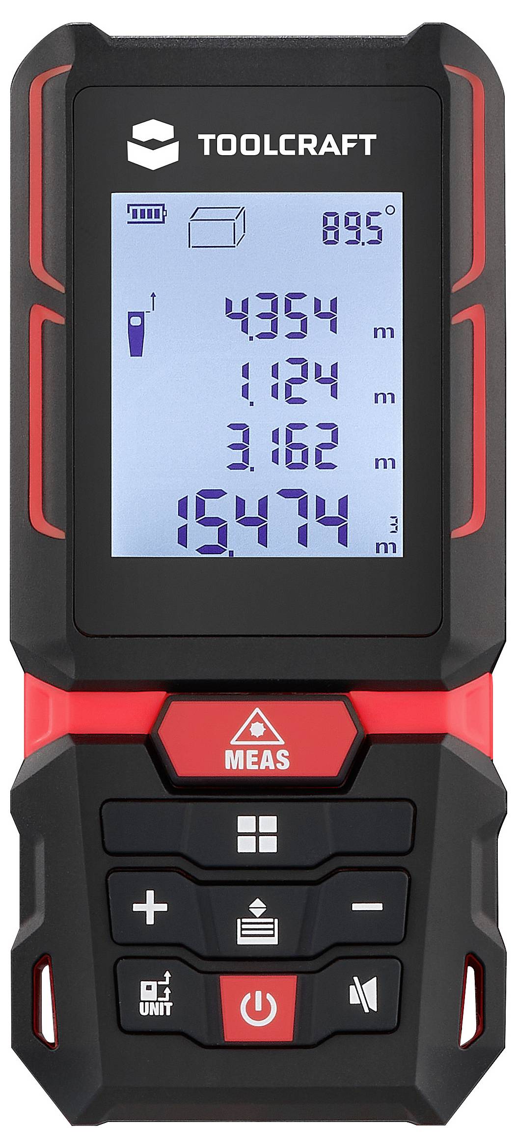 Digitális lézeres távolságmérő megvilágított kijelzővel, amely mérési értékeket méterben és köbméterben jelenít meg. Modellnév: 'TOOLCRAFT'.