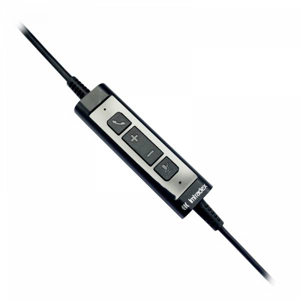 Fekete, inline típusú kábeles távirányító hangerő-szabályzó, hívásfogadó és mikrofon némító gombokkal, kábelvezetékkel összekötve.