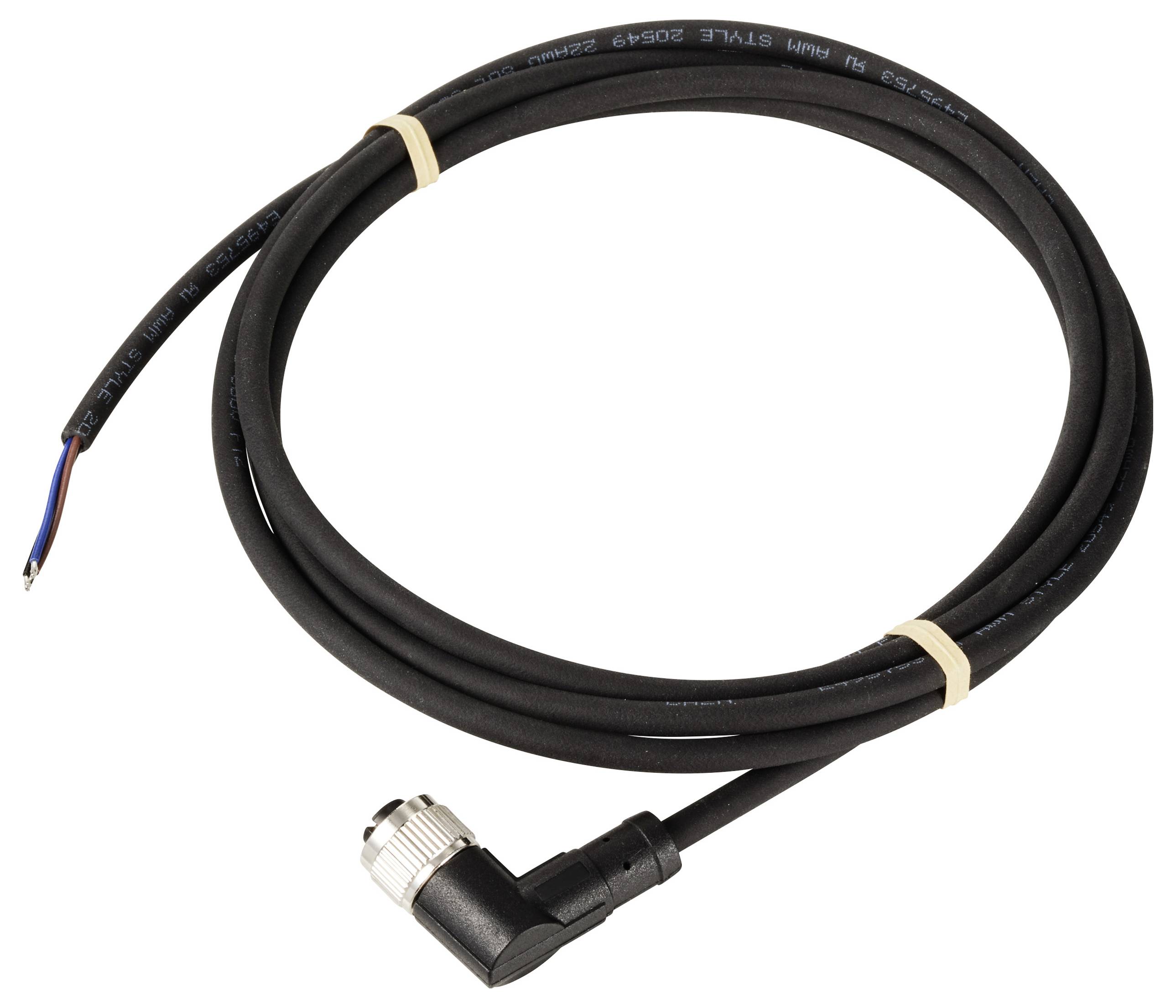 Fekete kábel fém csatlakozóval és hajlított véggel, három ér (kék, barna, fekete) szabadon, gumiszalagokkal rögzítve.