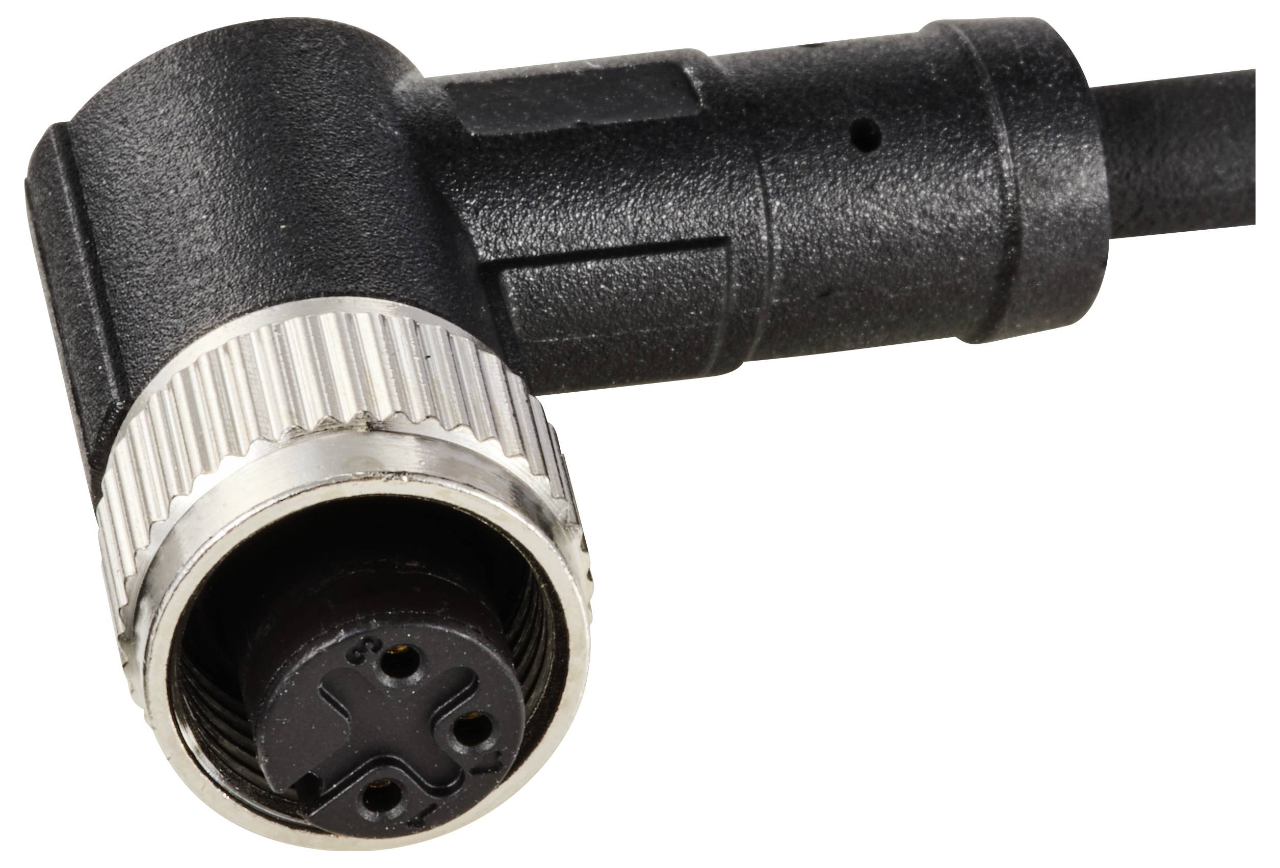 Egy fekete, derékszögű csatlakozó rovátkolt fémgyűrűvel. Valószínűleg egy elektromos csatlakozó vagy adapter.