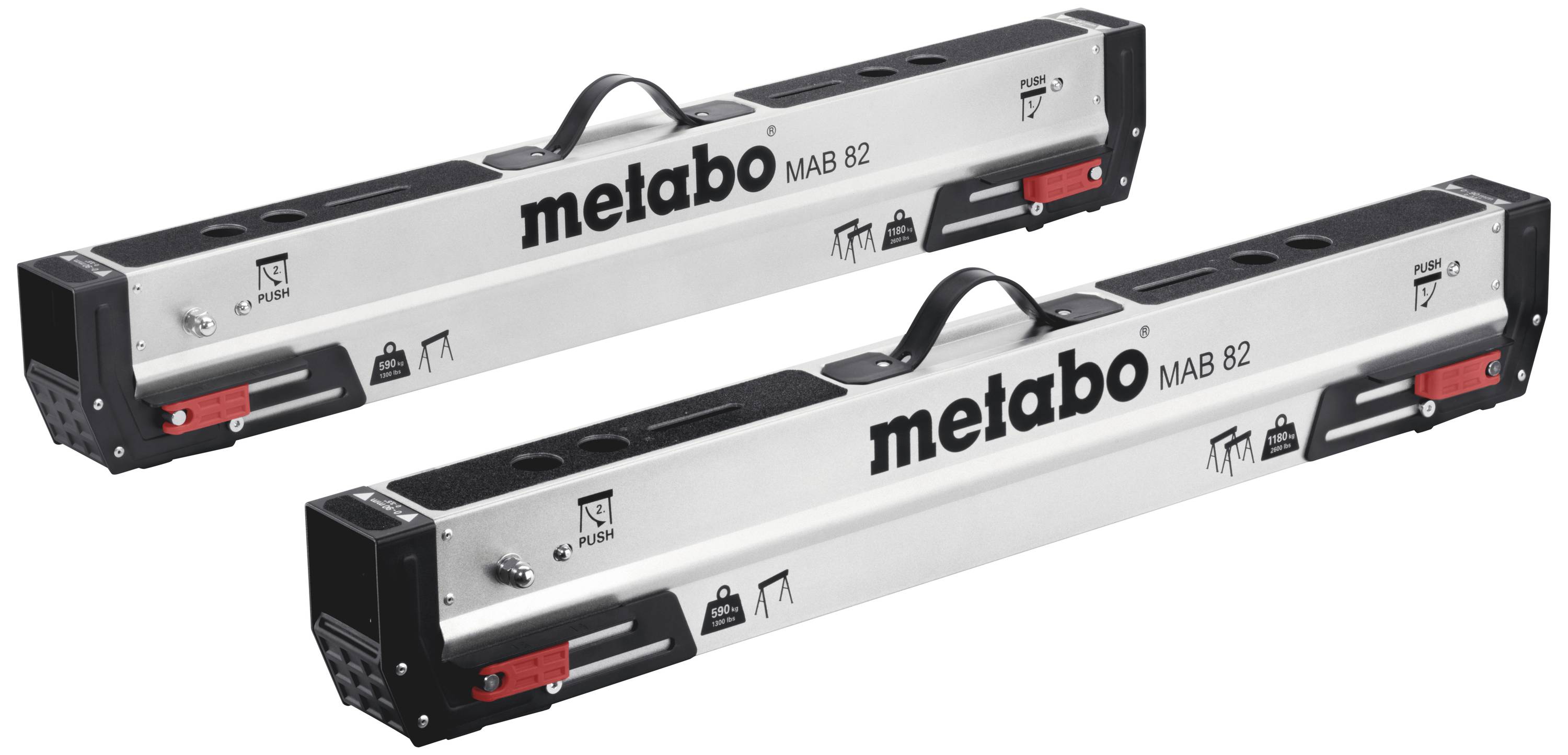 Két Metabo MAB 82 iránylézeres eszköz négyszögletes, ezüst kivitelben, fekete fogantyúkkal és piros részletekkel építkezési projektekhez.