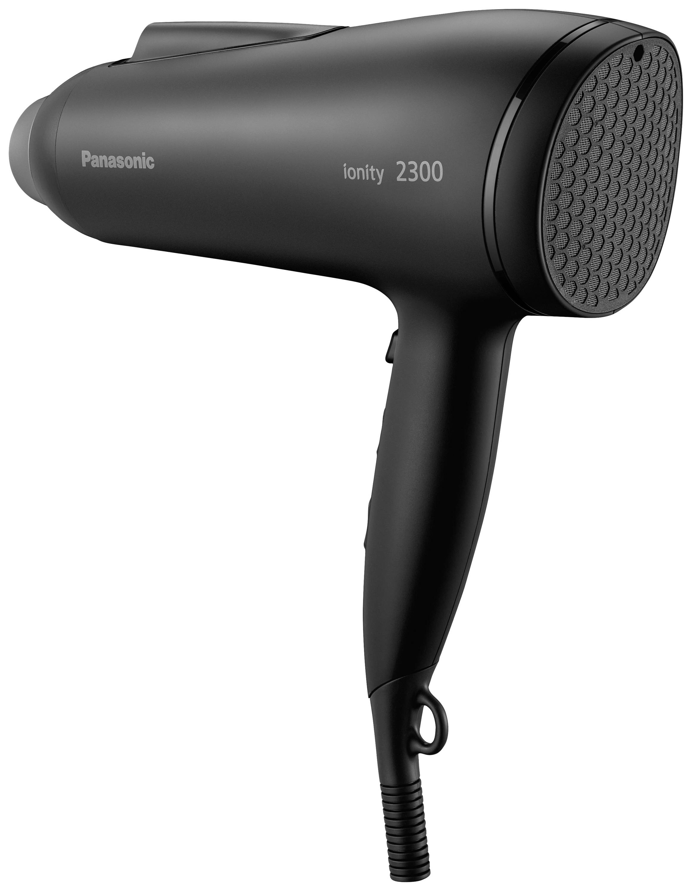 Egy fekete Panasonic hajszárító az oldalán az 'Ionity 2300' felirattal.