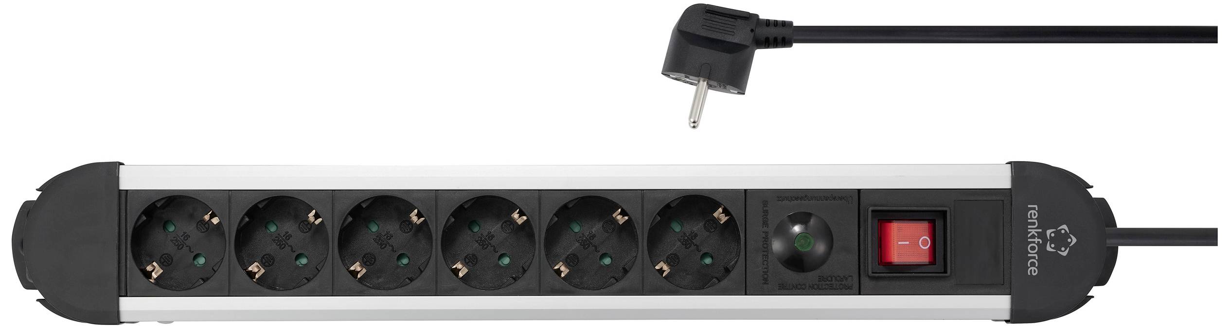 Hatcsatlakozós elosztó piros be/ki kapcsolóval, fekete kábellel, irodai vagy otthoni használatra alkalmas.