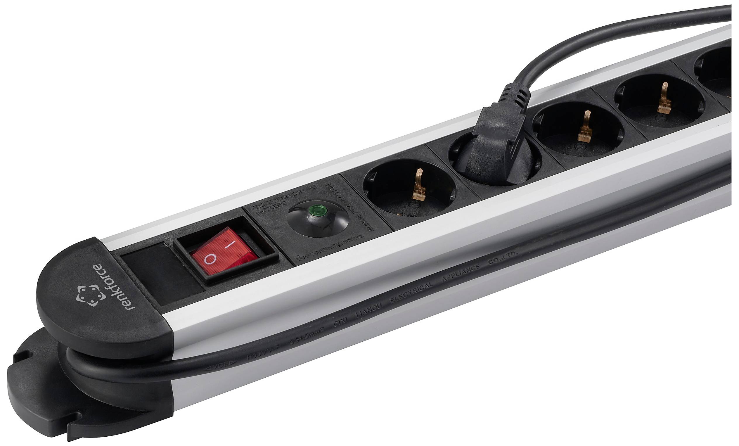 Hat csatlakozóaljzatos elosztó, egy piros be-/kikapcsolóval és fekete kábellel. Alkalmas áramforrások bővítésére.