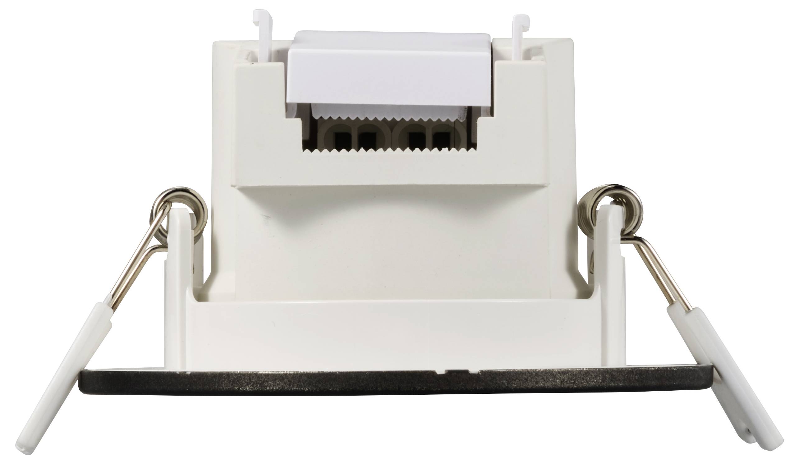 Egy fehér házas Ethernet hálózati csatlakozó, fali szerelésre alkalmas. Egyszerű telepítést biztosító fémkapcsokkal rendelkezik.