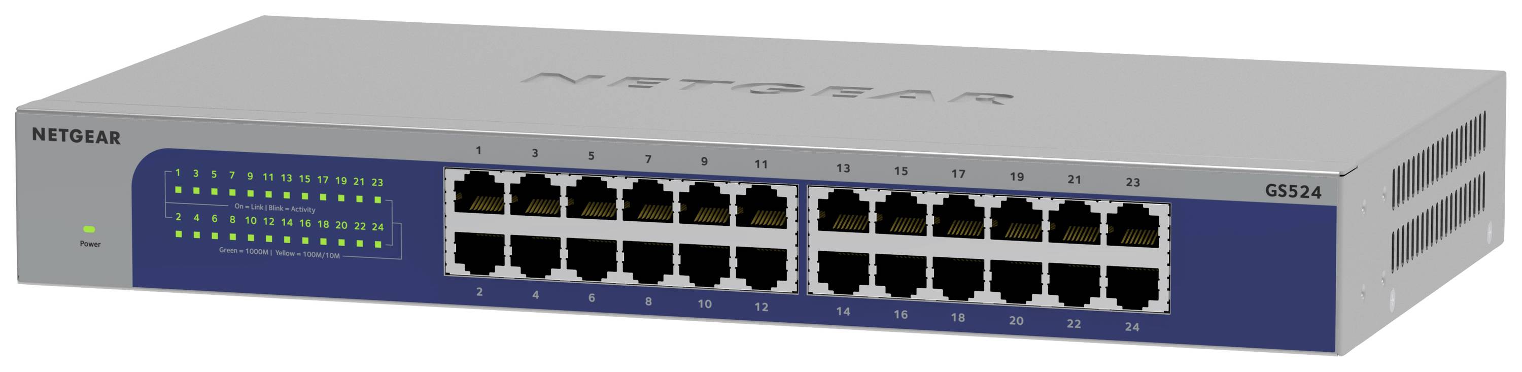 24 portos Ethernet-switch LED-kijelzőkkel az előlapon. A márkanév látható a készülék házán.