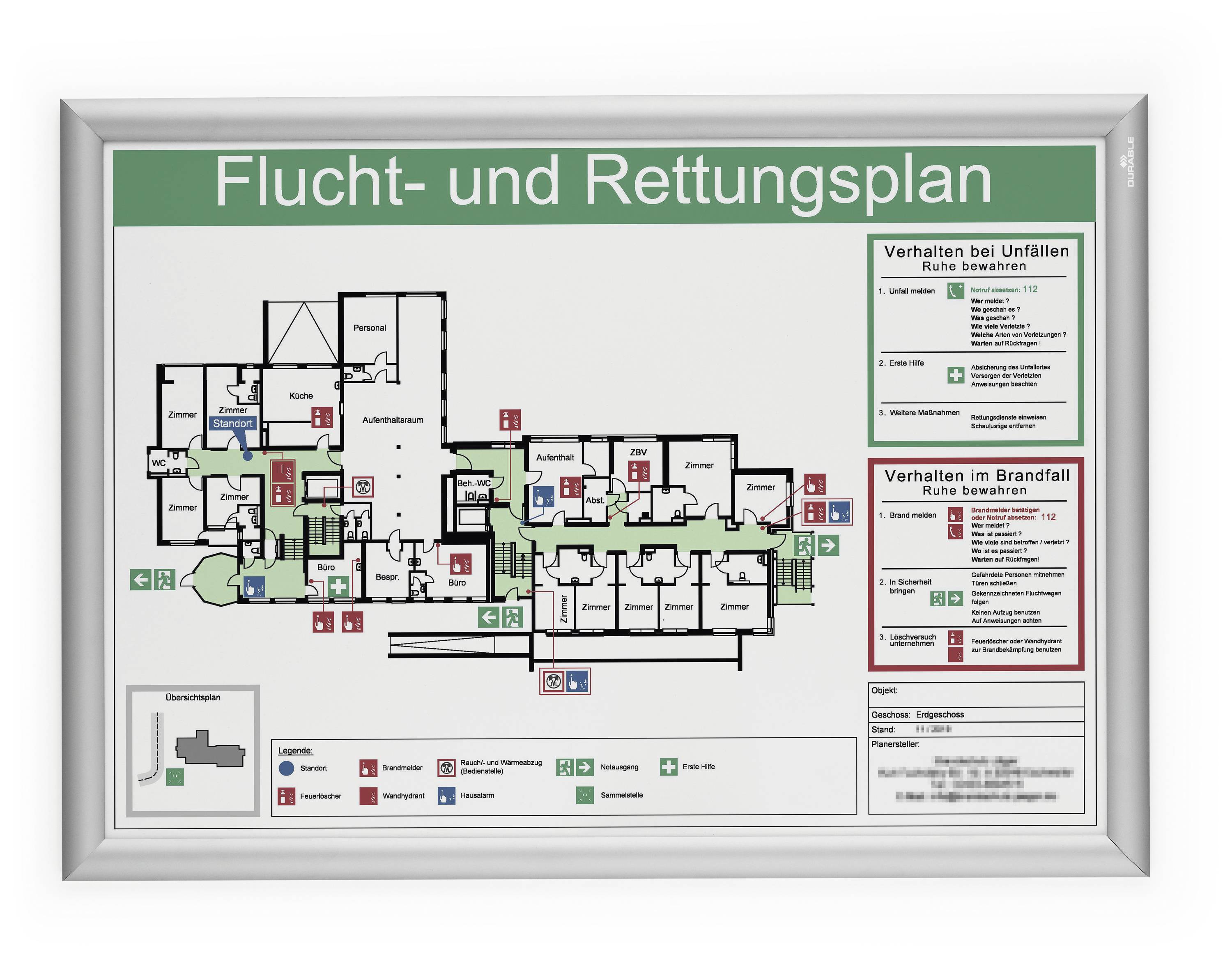 Menekülési és mentési terv, amely bemutatja az épület alaprajzát a vészkijáratokkal és gyülekezési pontokkal. Útmutatások a balesetek és tűzesetek során követendő magatartásról.