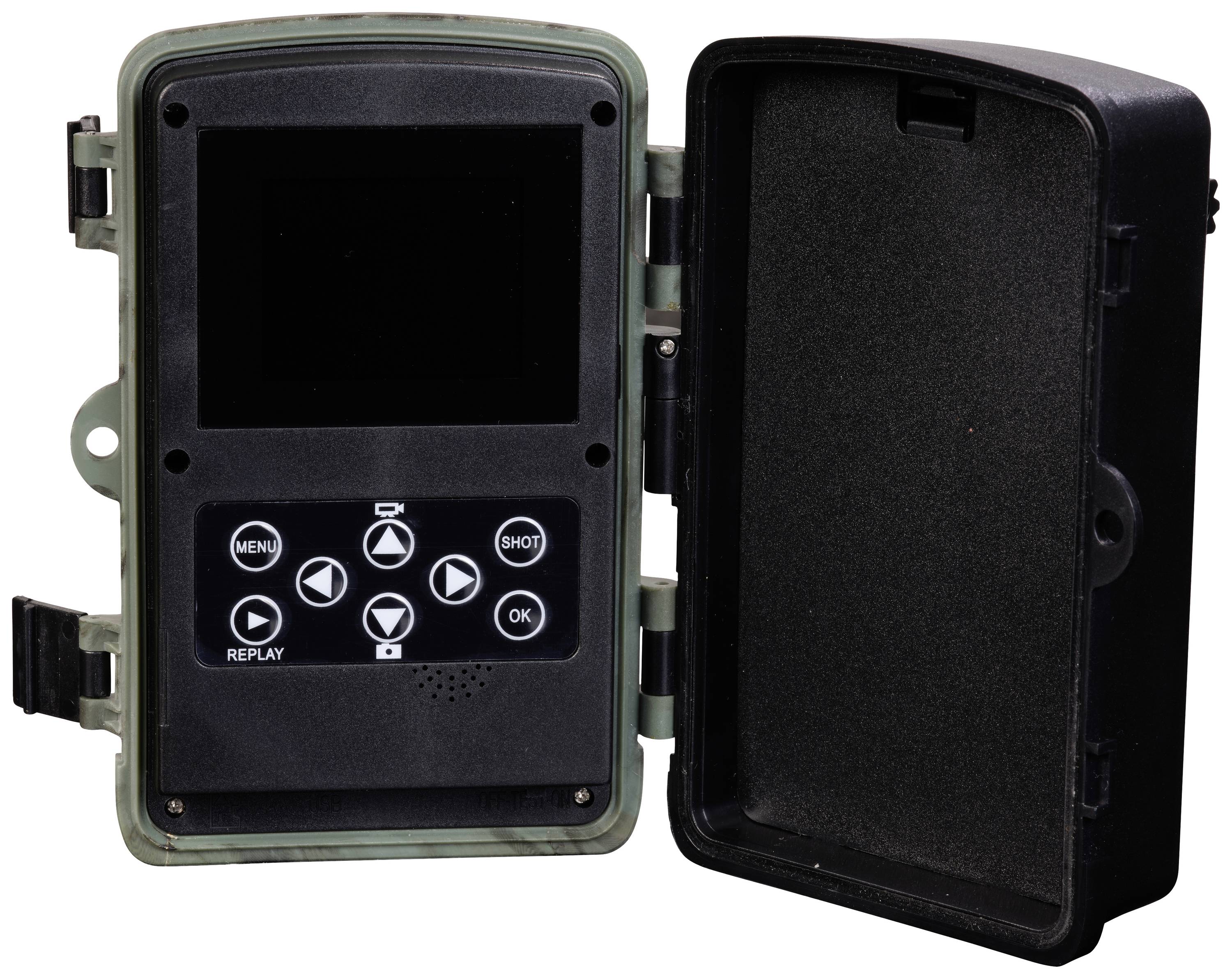 Egy nyitott, szabadtéri használatra alkalmas elektronikus eszköz kijelzővel és kezelőgombokkal, valószínűleg egy vadkamera, sötét háttér előtt.