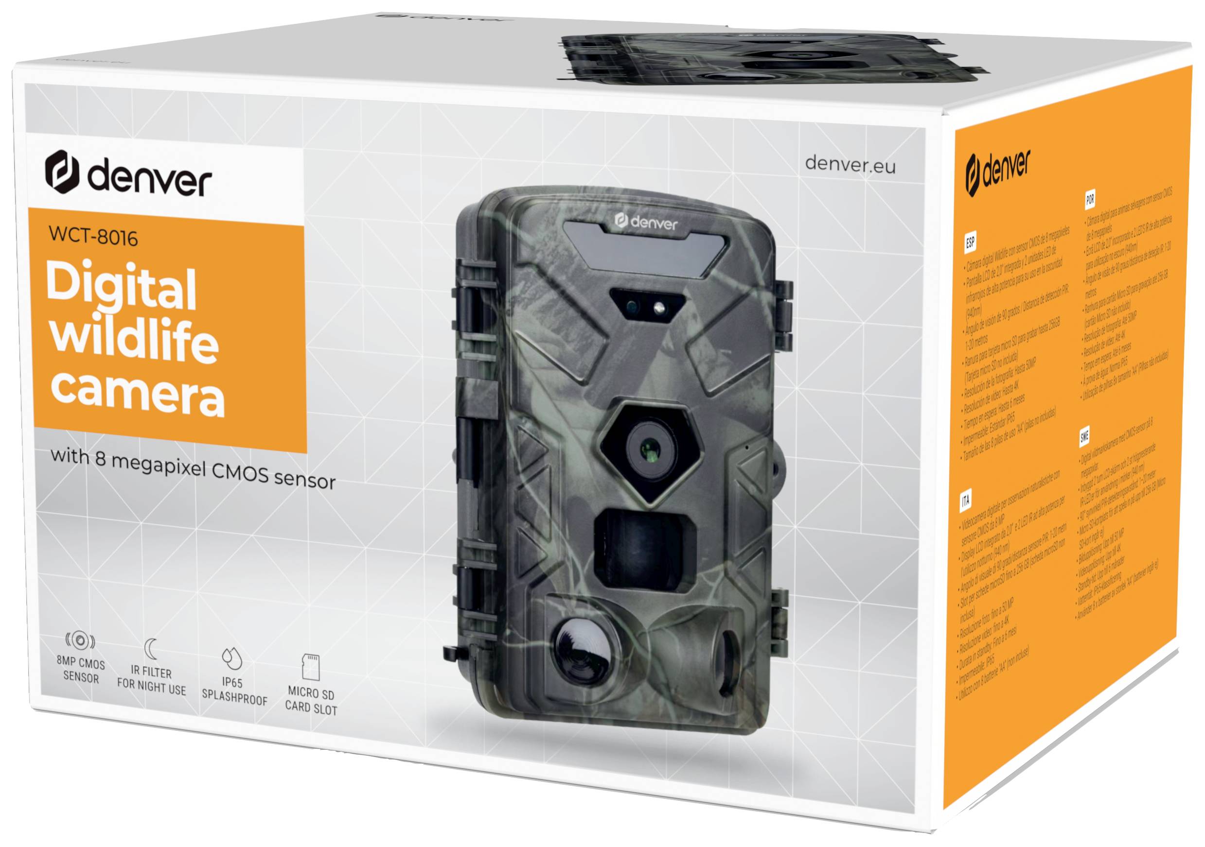 Egy 8 megapixeles CMOS-szenzoros, terep-kompatibilis vadkamera. A csomagolás kiemeli a márkát és a modellt, hangsúlyozva a digitális technológiát.