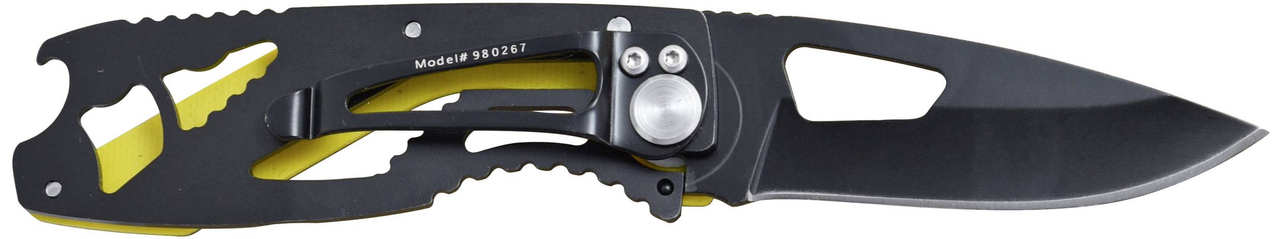 Egy modern, fekete zsebkés nyitott pengekialakítással és sárga markolattal. Fémcsipesszel és két csavarral rendelkezik.