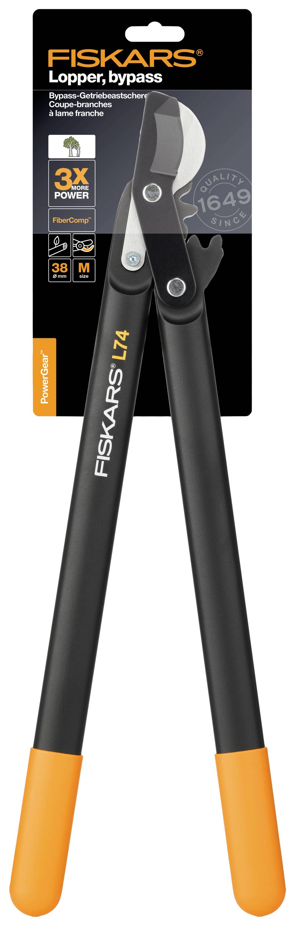 Fiskars bypass metszőolló hosszú nyéllel és narancssárga végekkel, alkalmas 5 cm átmérőjű ágak vágására.