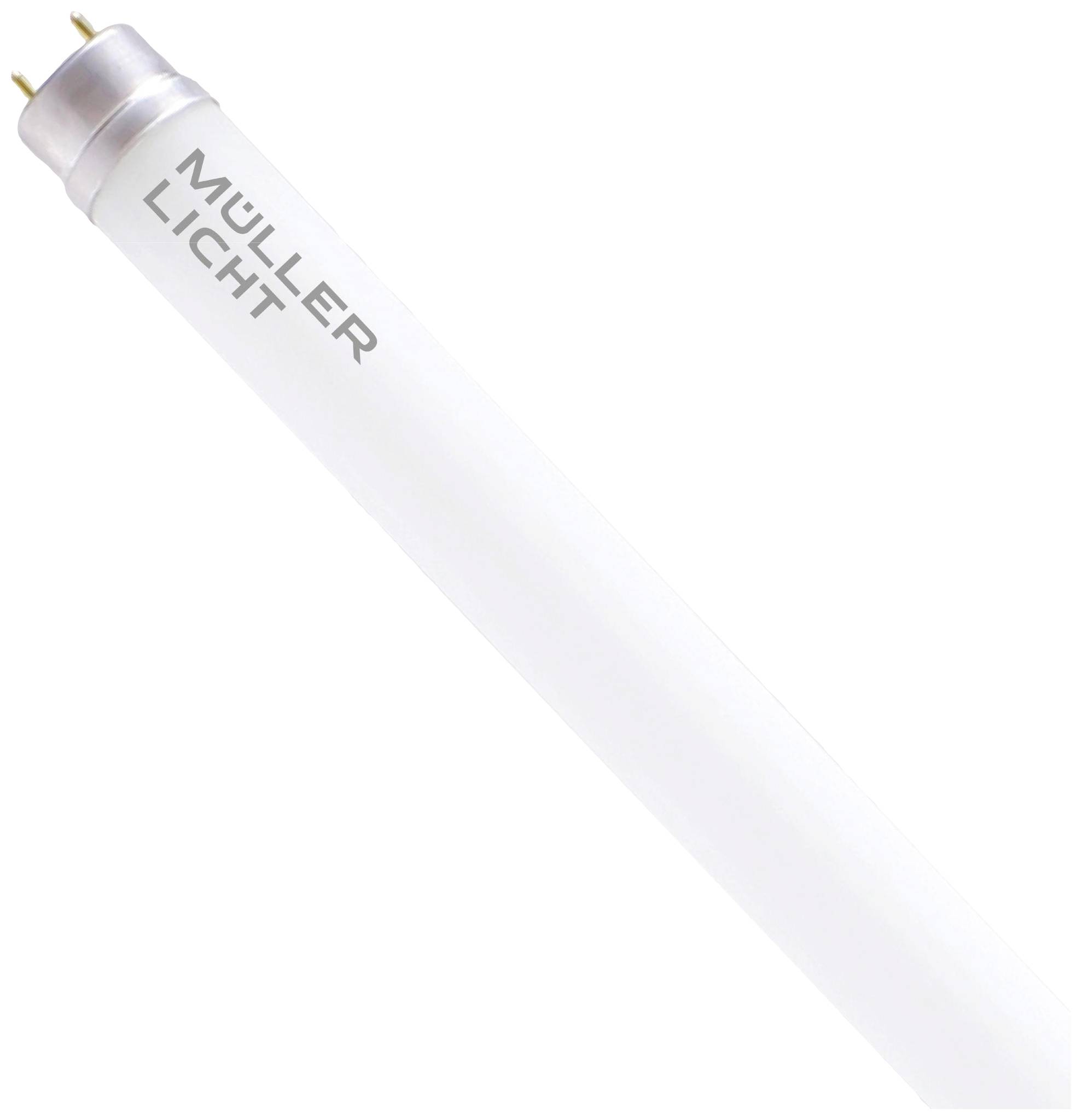 LED-es fénycső 'Müller Licht' felirattal. Fehér, hengeres forma fém végekkel, világítótestek számára történő felhasználásra.