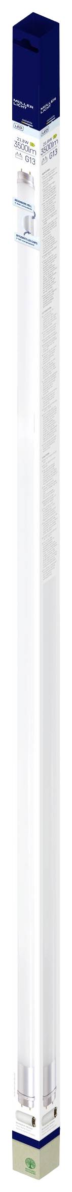 Fehér LED-fénycső csomagolásban kék és zöld felirattal, energiatakarékos világítási célra.