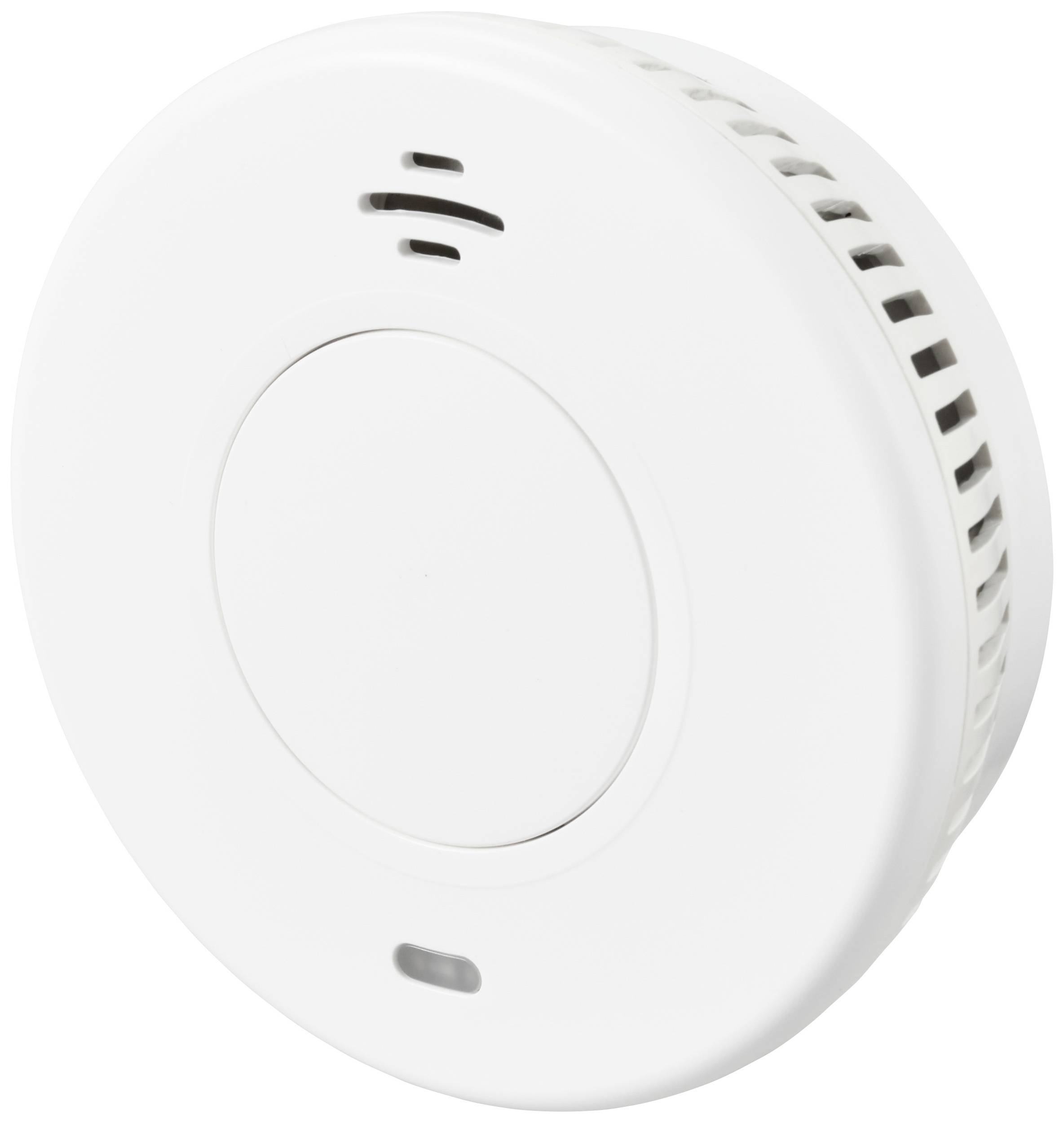 Egy fehér füstérzékelő szellőzőnyílásokkal, központi gombbal és LED-jelzéssel, amely füst érzékelésére és tűzriasztásra szolgál.