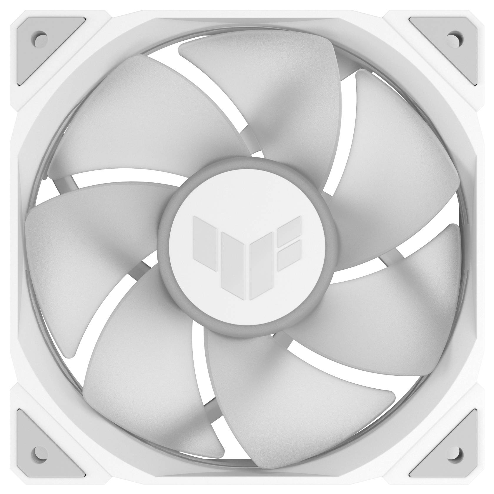 Egy fehér számítógép-ventilátor több lapáttal és négyzet alakú kerettel; közepén egy stilizált logó látható.