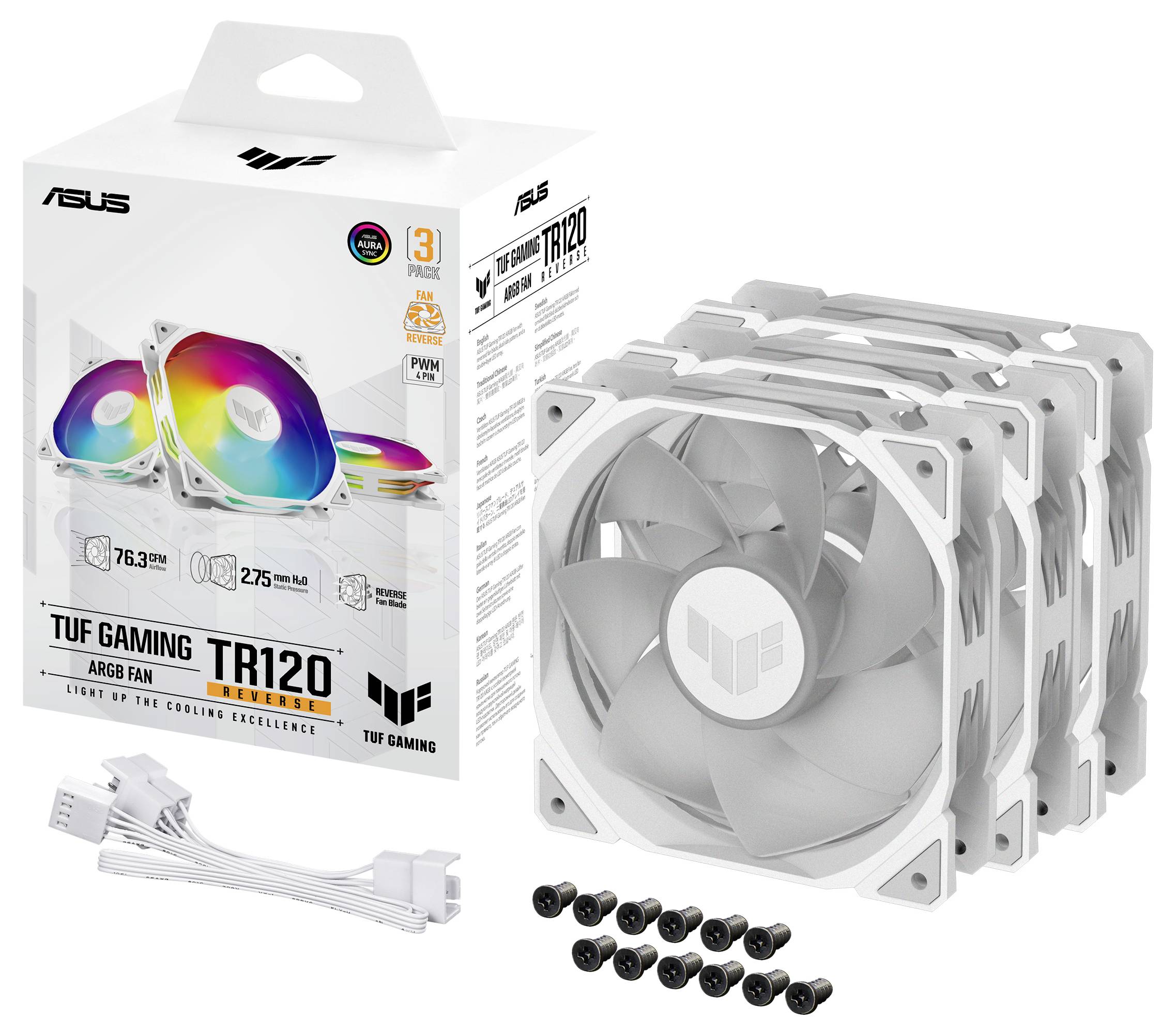 Három fehér ventilátor RGB-megvilágítással és tartozékokkal, egy 'TUF Gaming TR120' feliratú Asus dobozban csomagolva.
