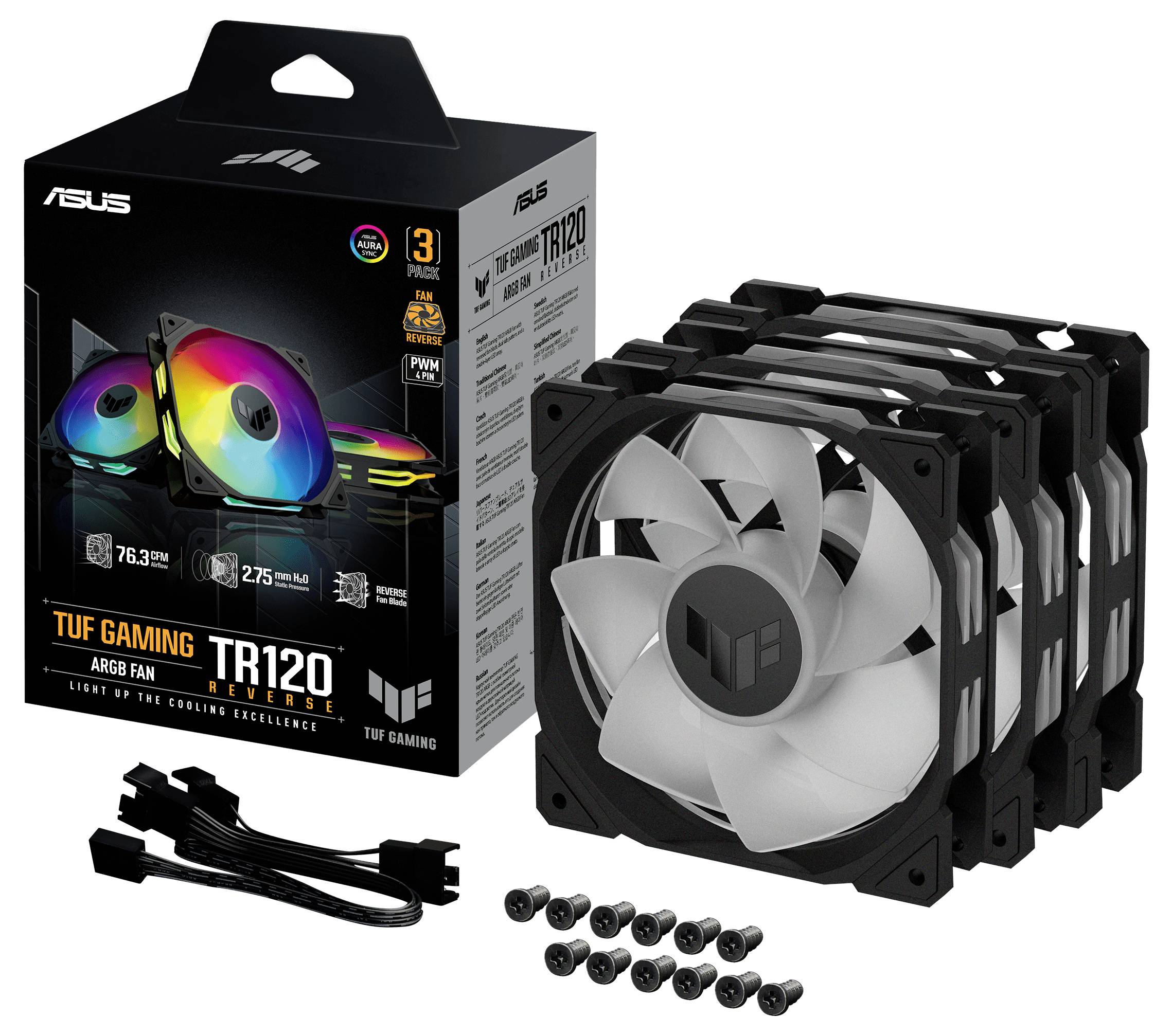 ASUS TUF Gaming TR120 ARGB háromventilátor-szett csavarokkal és kábelekkel; fekete dobozban, képpel ellátva.