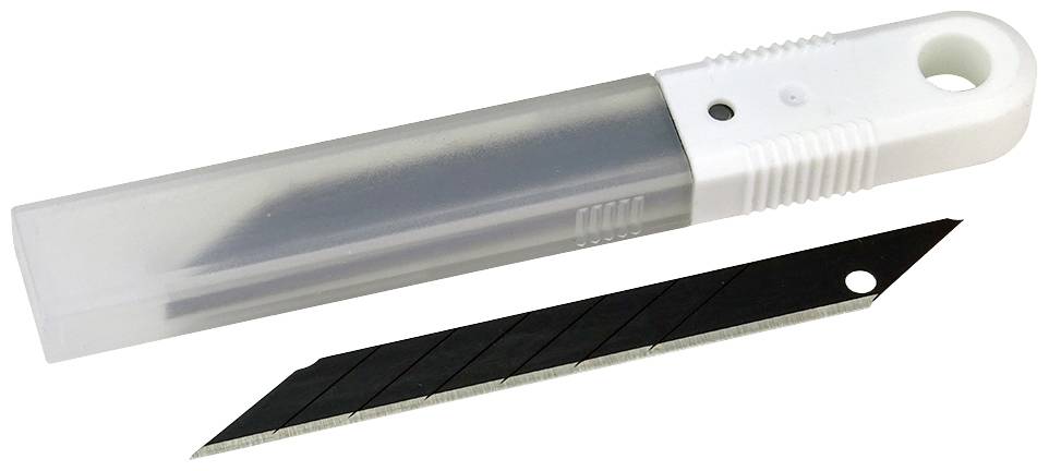 Tartalékpengék egy sniccer-késhez, fehér műanyag dobozban, egy különálló pengével mellette.