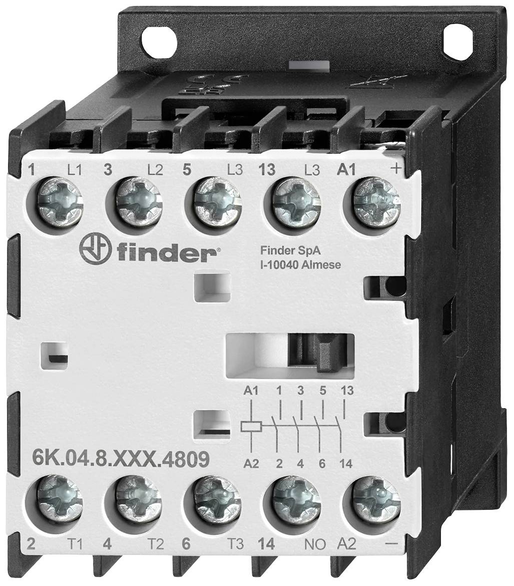 'Finder' Schütz modellszáma 6K.04.8.XXX.4809. Csatlakozókapcsok L1, L2, L3, A1 és A2, ipari alkalmazásokhoz alkalmas.