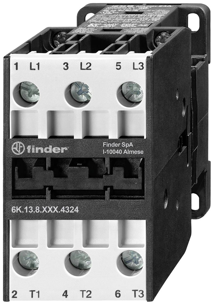 Finder ipari védőrelé, fekete-fehér, hat csatlakozási kapoccsal, L1, L2, L3, T1, T2, T3 jelöléssel, elektromos áramkörökhöz.