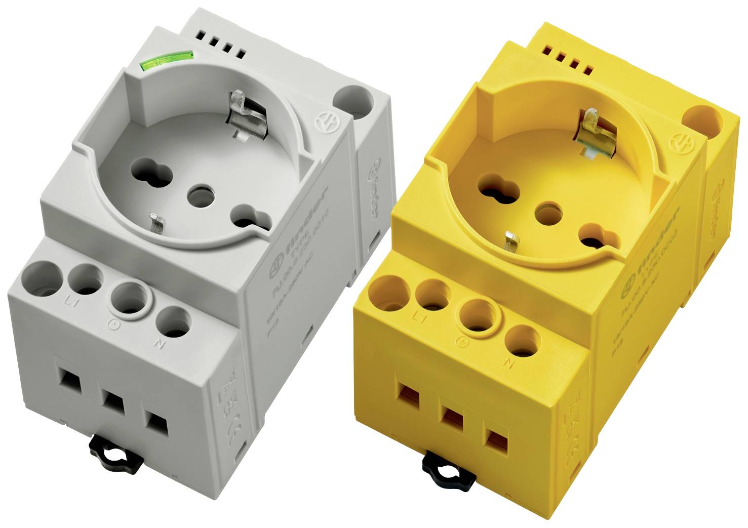 Két dugaszolóaljzat-adapter egymás mellett, balra szürke, jobbra sárga, többféle kábel csatlakoztatási lehetőséggel.