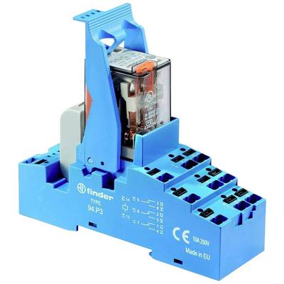 Egy kék Finder relé modul, amelyen feliratok vannak és átlátszó védőfedéllel rendelkezik. Elektromos vezérlésekhez alkalmas.
