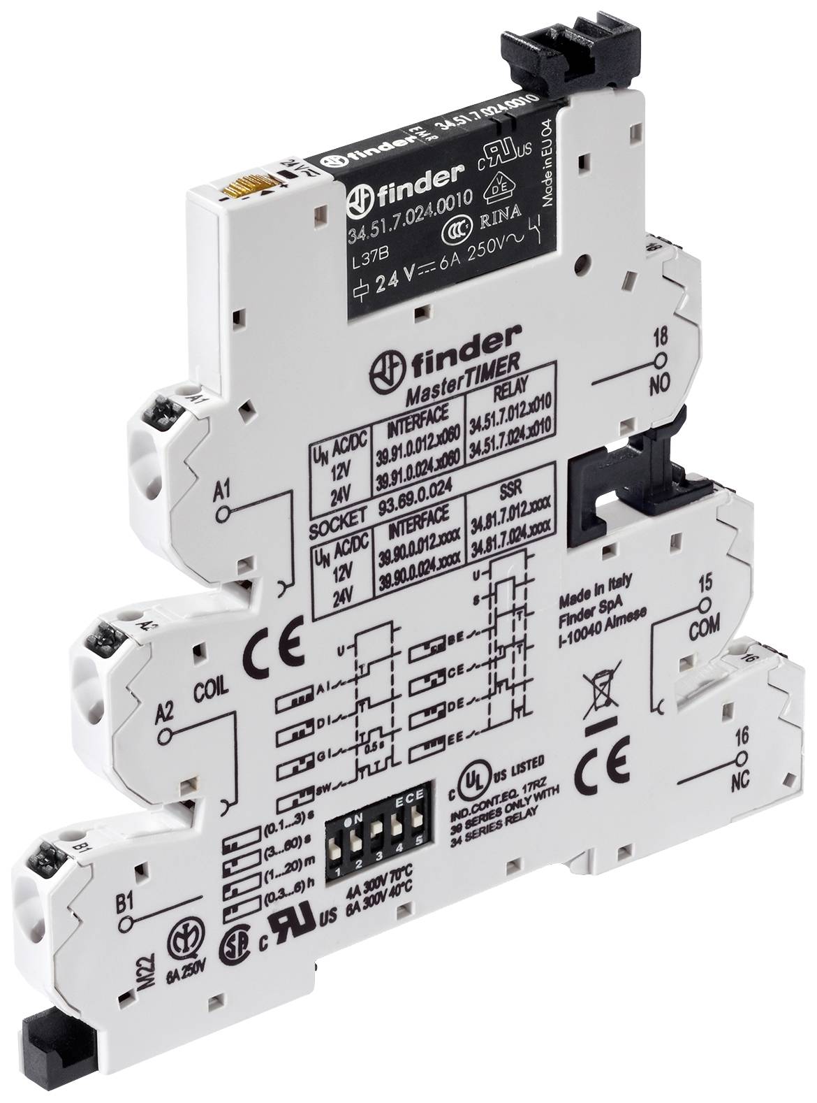 Finder MasterTIMER elektronikus időrelé, elöl található műszaki specifikációkkal és csatlakozókkal.